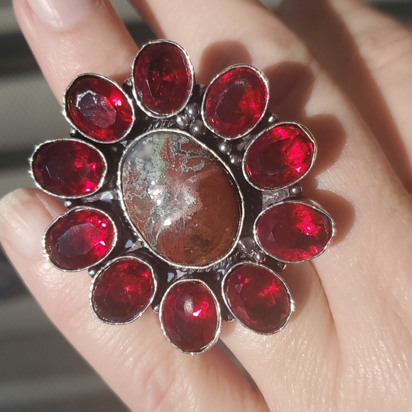 New Oversized Seam Agate and Garnet 925 Silver Statement Ring. - Picture 7 of 16